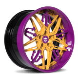 Custom purple and gold deep lip wheel design featuring intricate spoke pattern for Maserati upgrades.