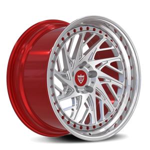 Custom 3-piece wheels with a big lip size-Polished lip and high red barrel-RVRN Custom Fully Forged Brand for any vehicle