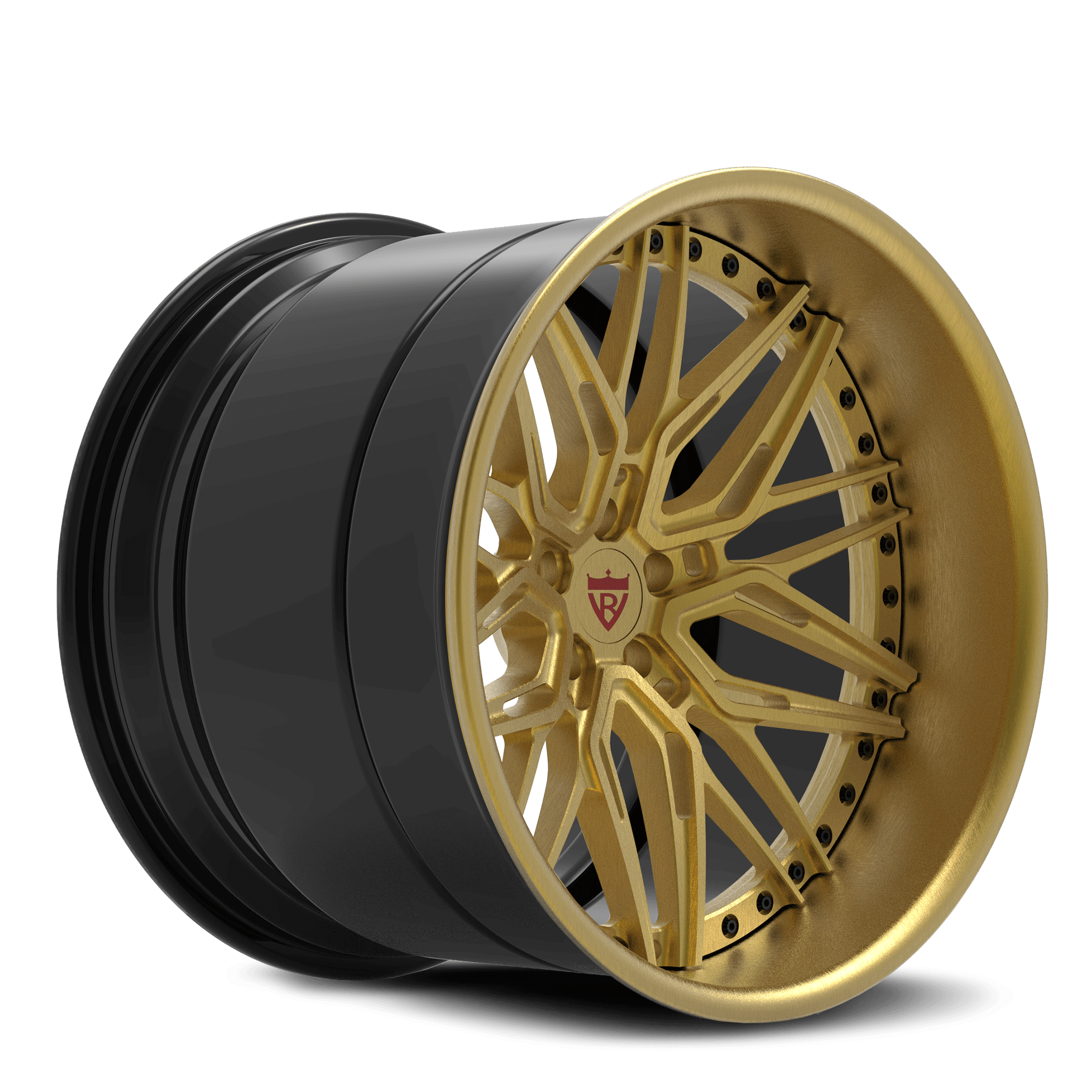 Side view of custom forged 3-piece gold wheels with deep dish design for enhanced grip