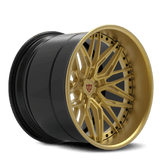 Side view of custom forged 3-piece gold wheels with deep dish design for enhanced grip