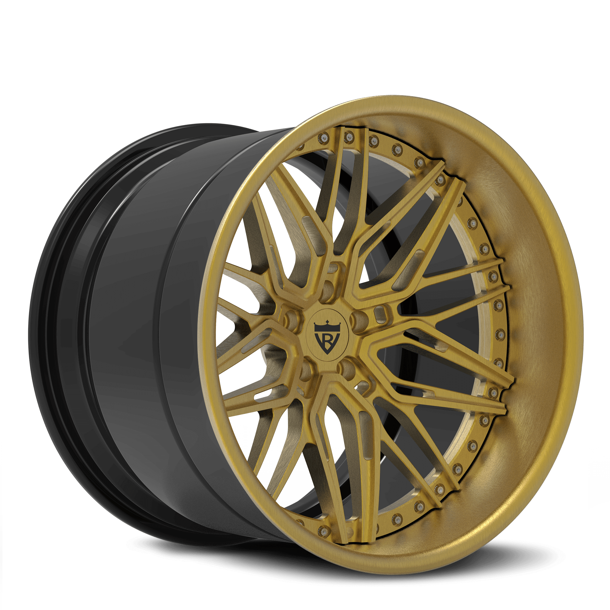 RVRN custom 3-piece forged gold wheel with high-performance tires