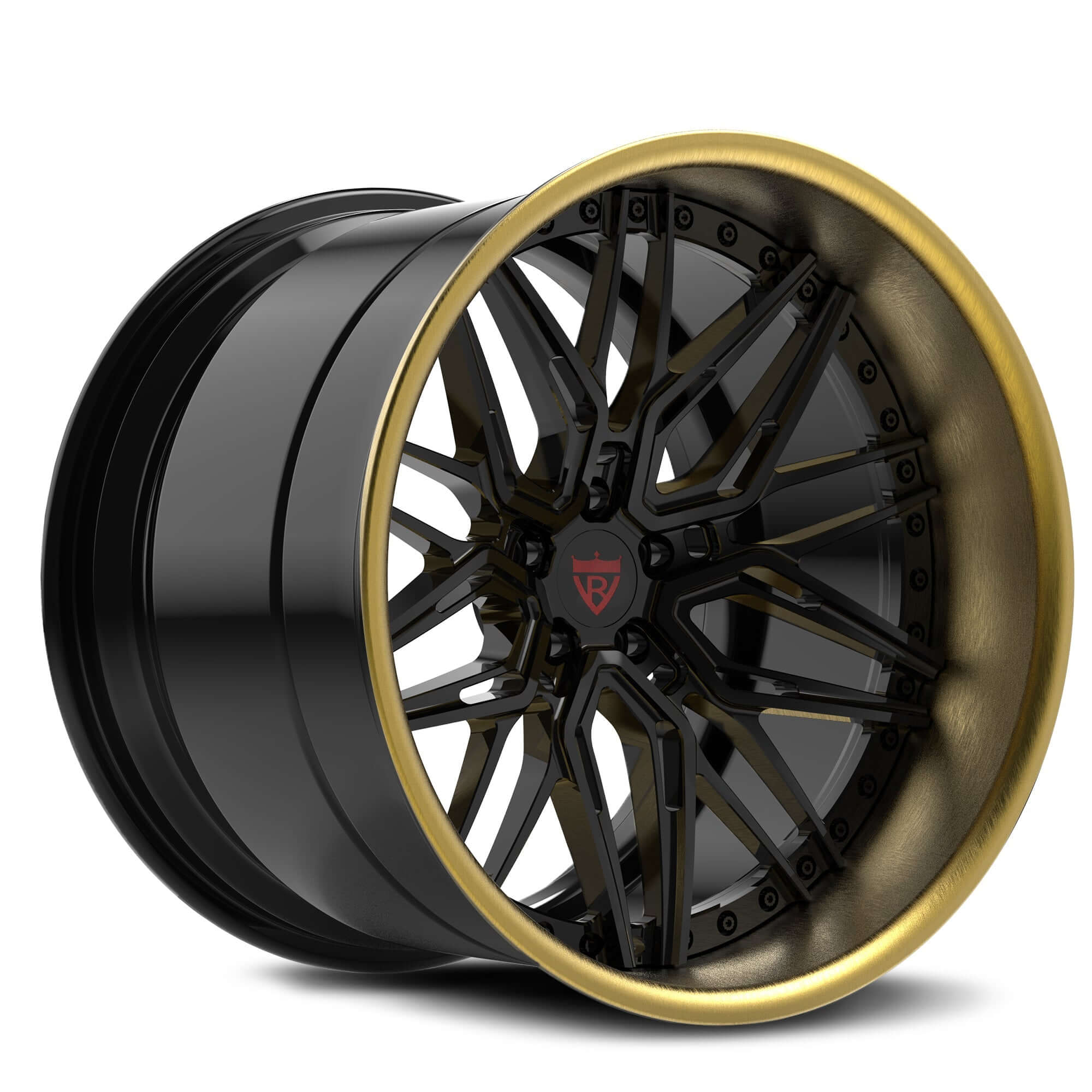 Rear view of RVRN 3-piece forged gold wheel, emphasizing deep dish profile and craftsmanship