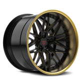 Rear view of RVRN 3-piece forged gold wheel, emphasizing deep dish profile and craftsmanship