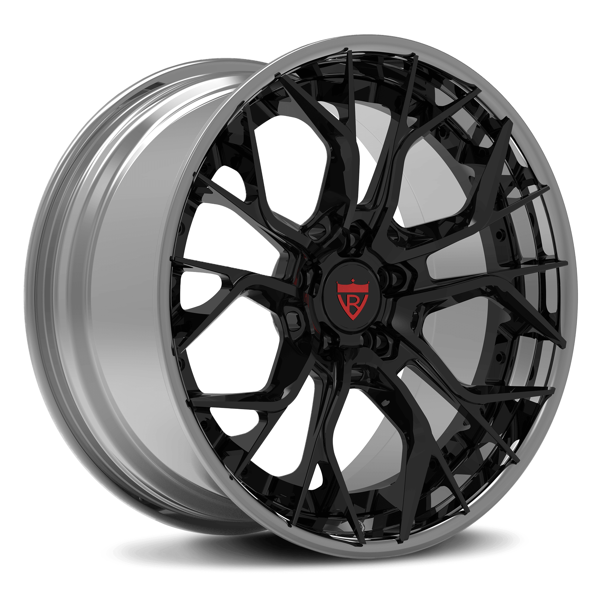 Custom 2-piece aggressive forged wheel RV-DR16, perfect for Corvette C8 with sleek black and chrome finish.