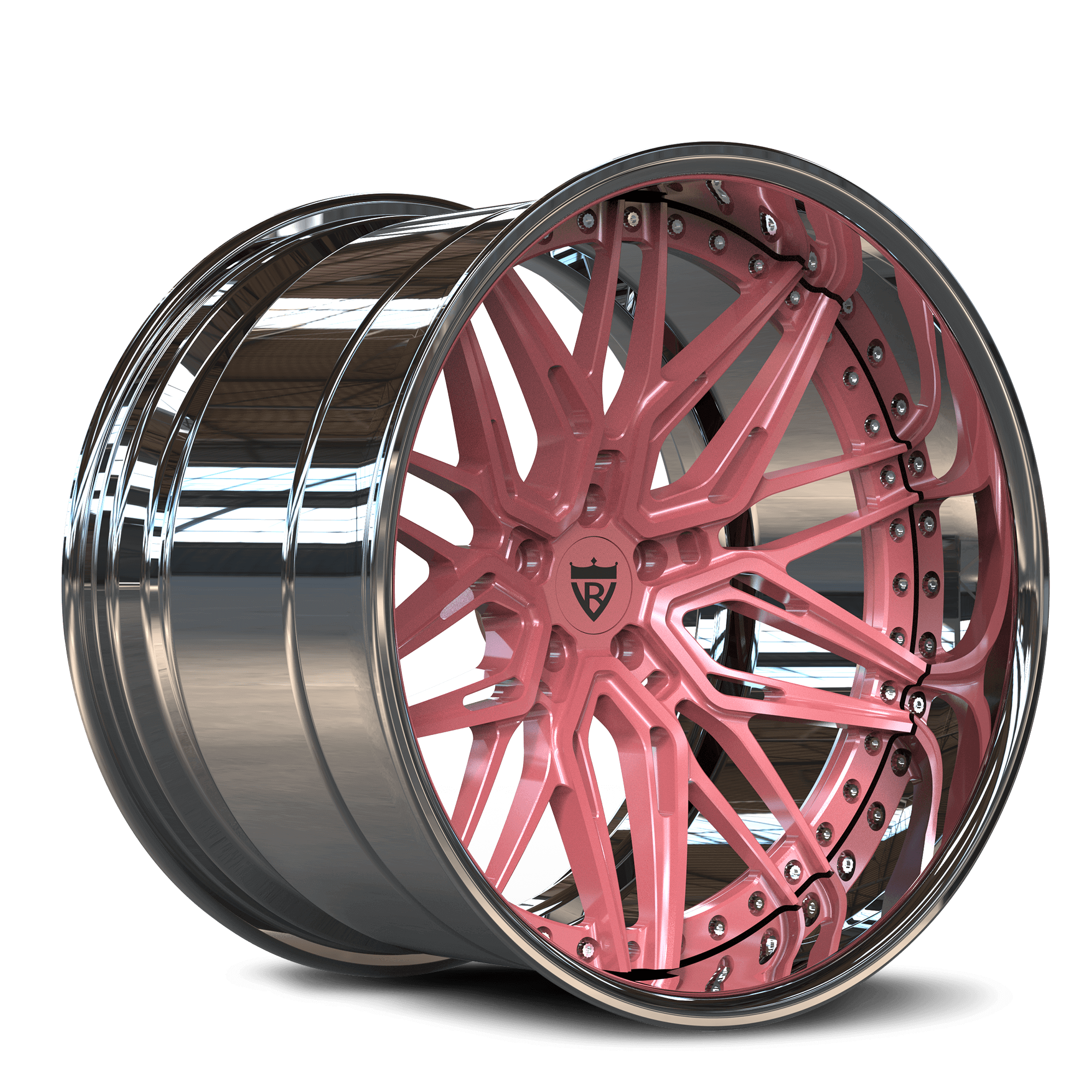 Custom forged 2-piece wheels featuring pink and black rims, showcasing a deep dish design and precision finish.