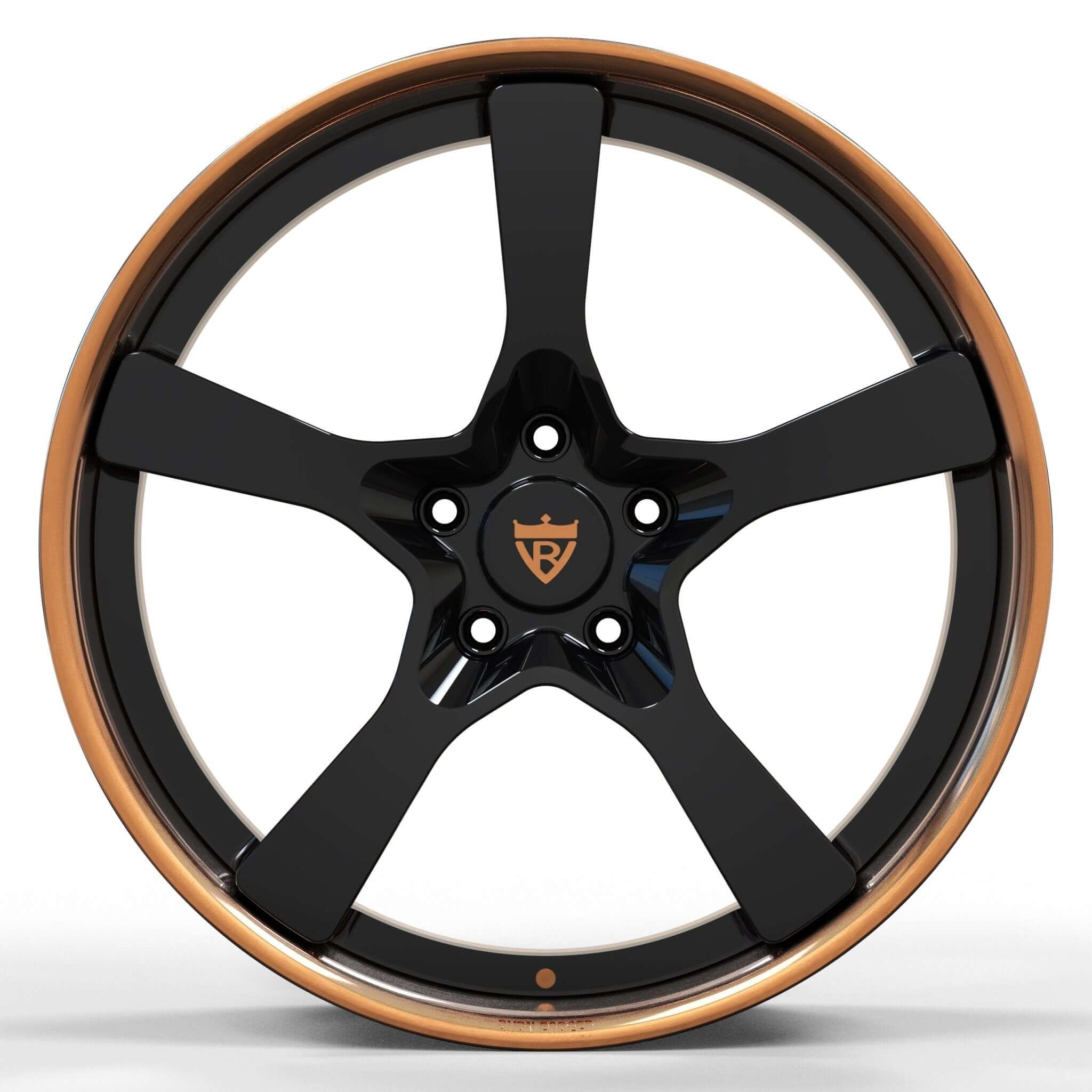 RV-DP223 copper and black wheels in showroom lighting - custom forged finish