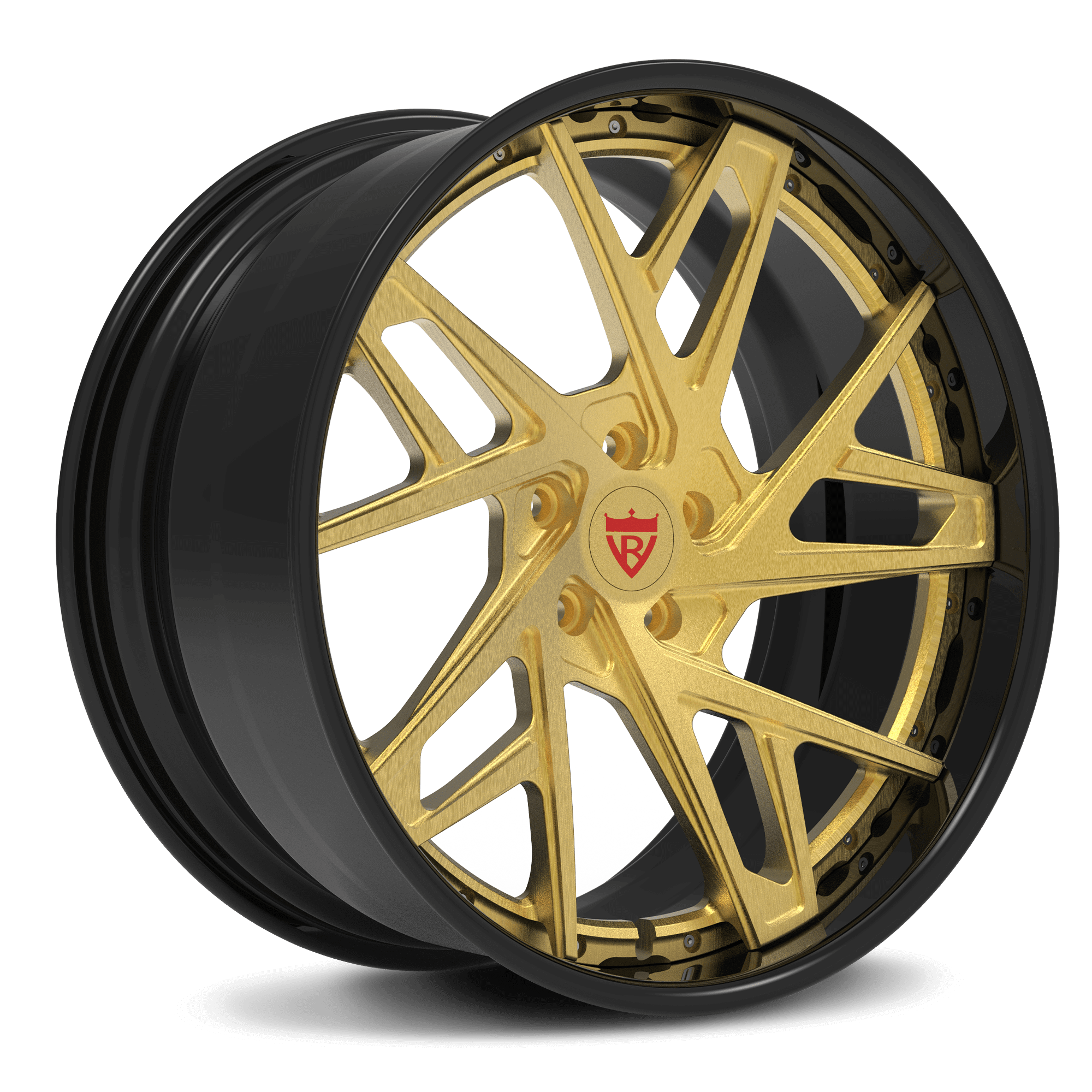 Custom forged 2-piece gold wheel RV-DS74 with gloss black barrel for Cadillac CTS-V.