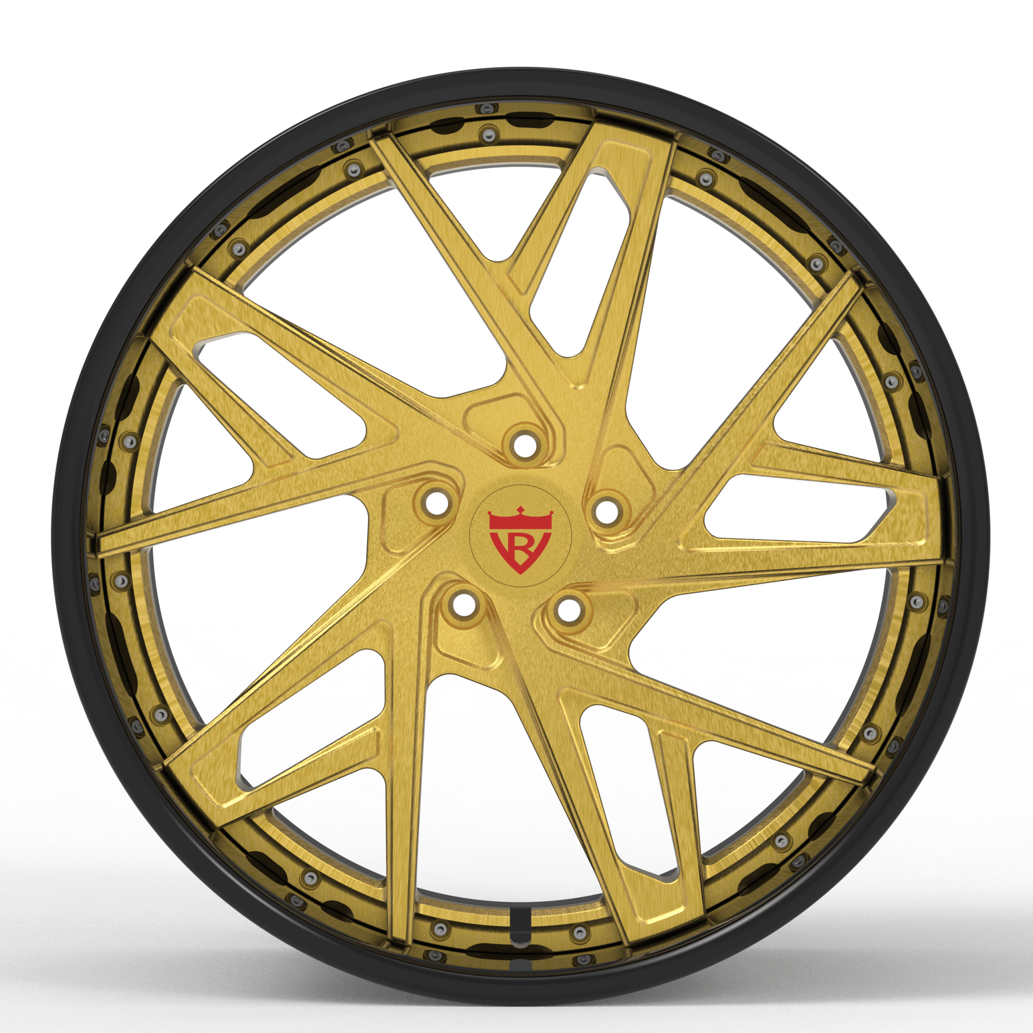 Custom forged gold wheel RV-DS74 with sleek black barrel, designed for Cadillac CTS-V performance and style.
