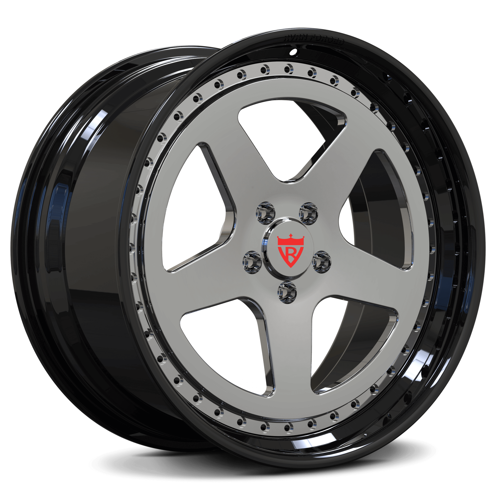 Black and chrome 5 spoke wheels, custom forged 2-piece deep dish rims series RV-DC03
