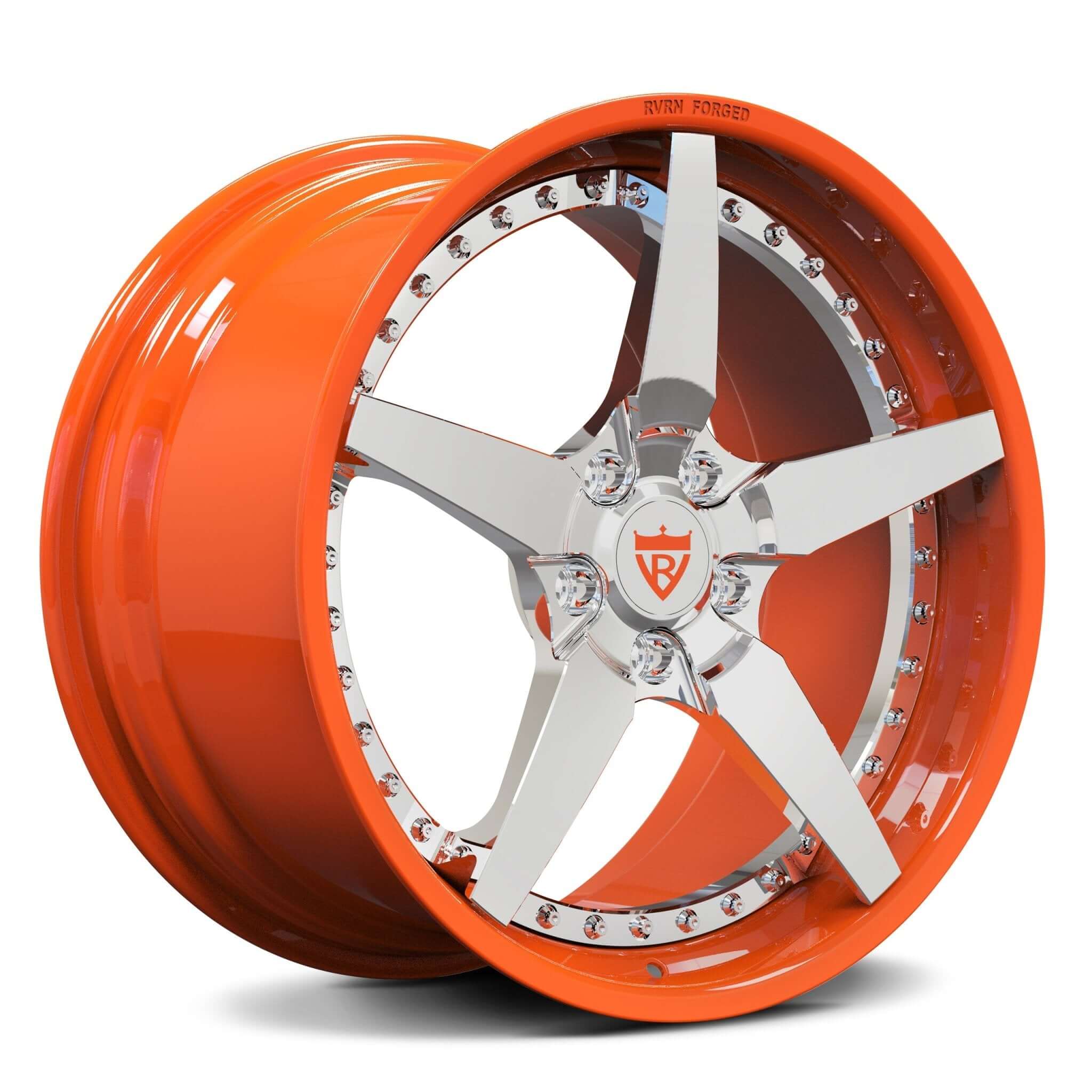 Chrome and orange wheels for Corvette C8, classic 5 spoke forged 2-piece rims RV-DF14 Series