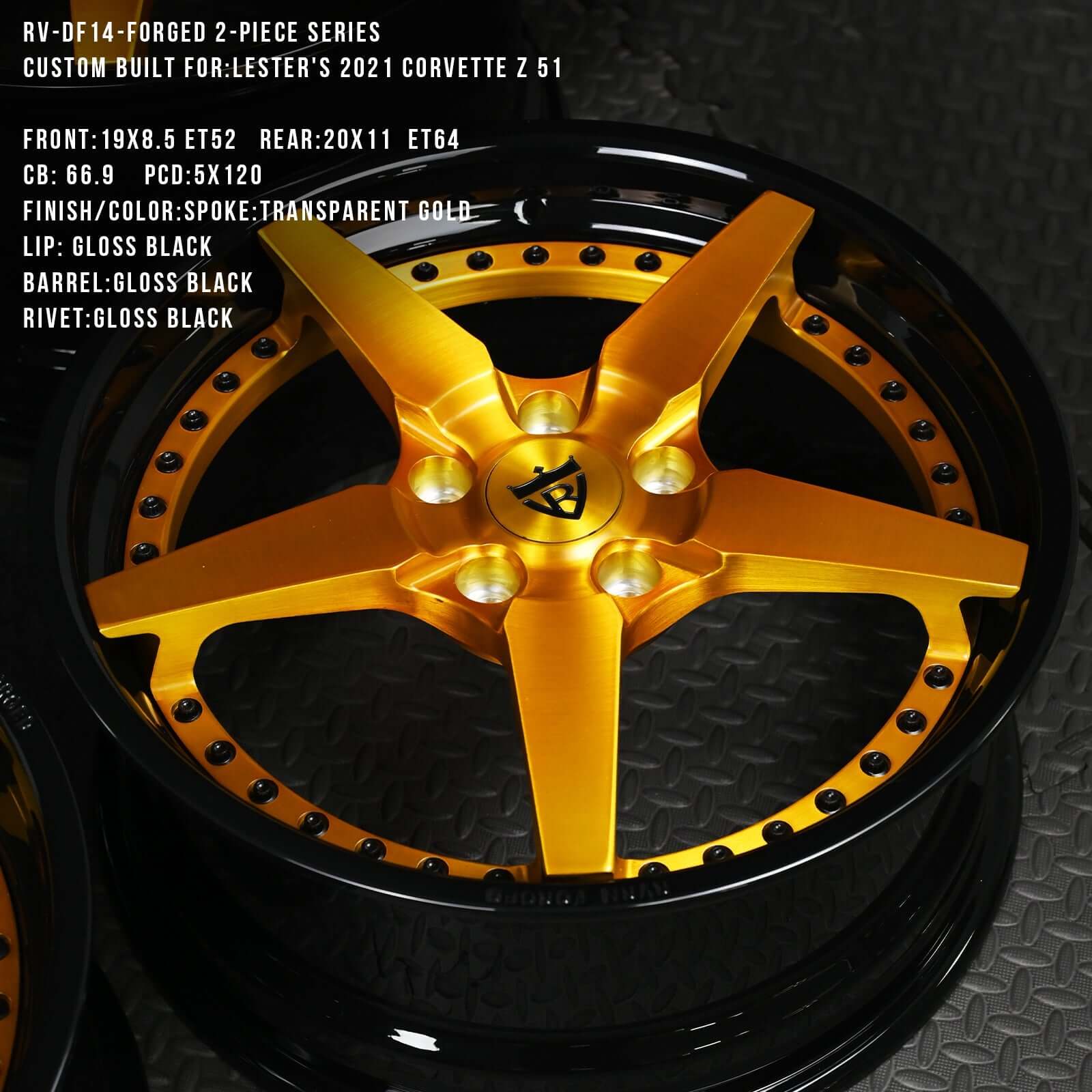 Gold and black custom wheels for Corvette C8 Z51, forged 2-piece rims RV-DF14 Series