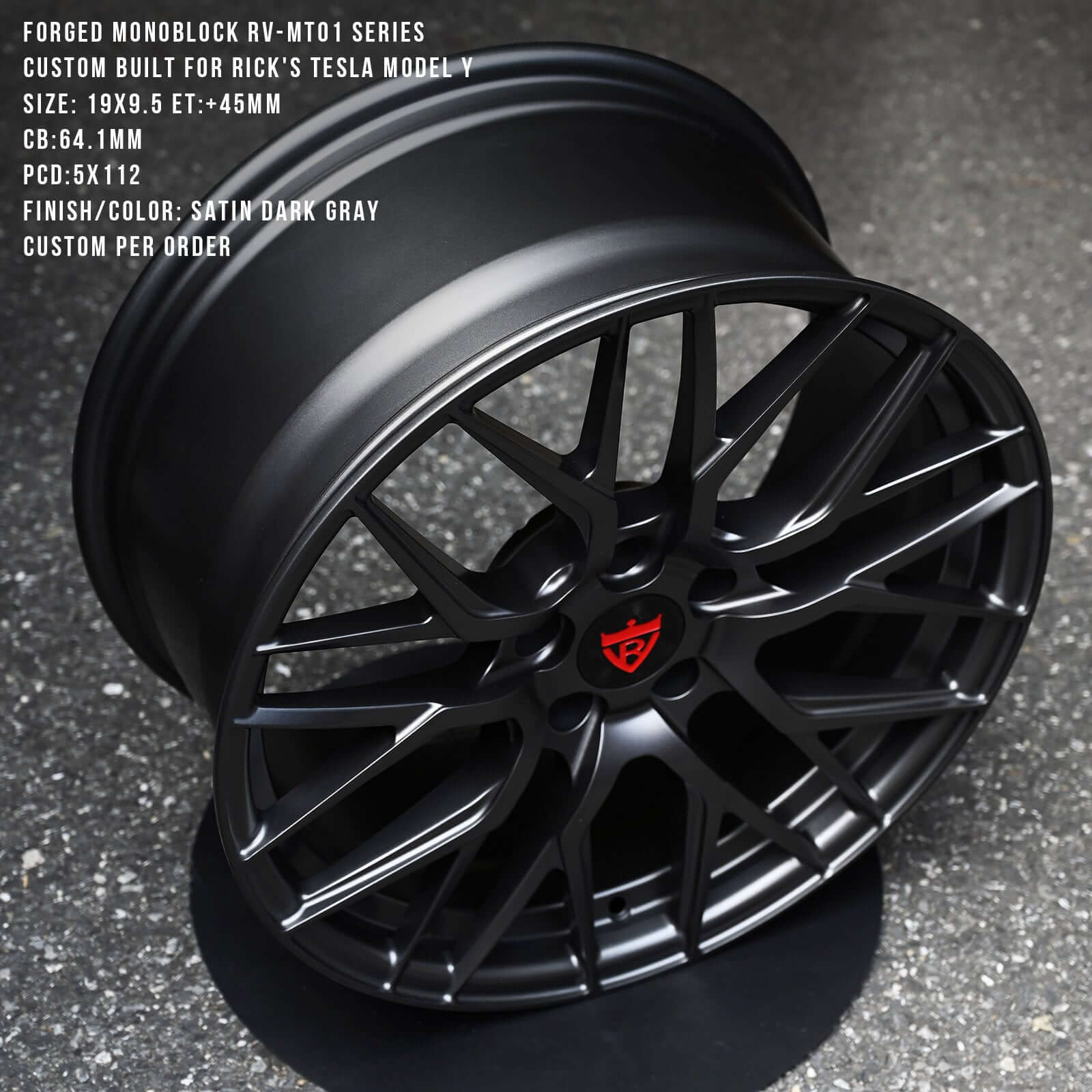 Tesla Model Y Aftermarket Rims-Satin Dark Gray-Custom Forged 1 Piece Wheels-RVRN RV-MT01 Series