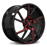 Custom monoblock forged wheel with black and red finish designed for C6 Corvette aftermarket applications.