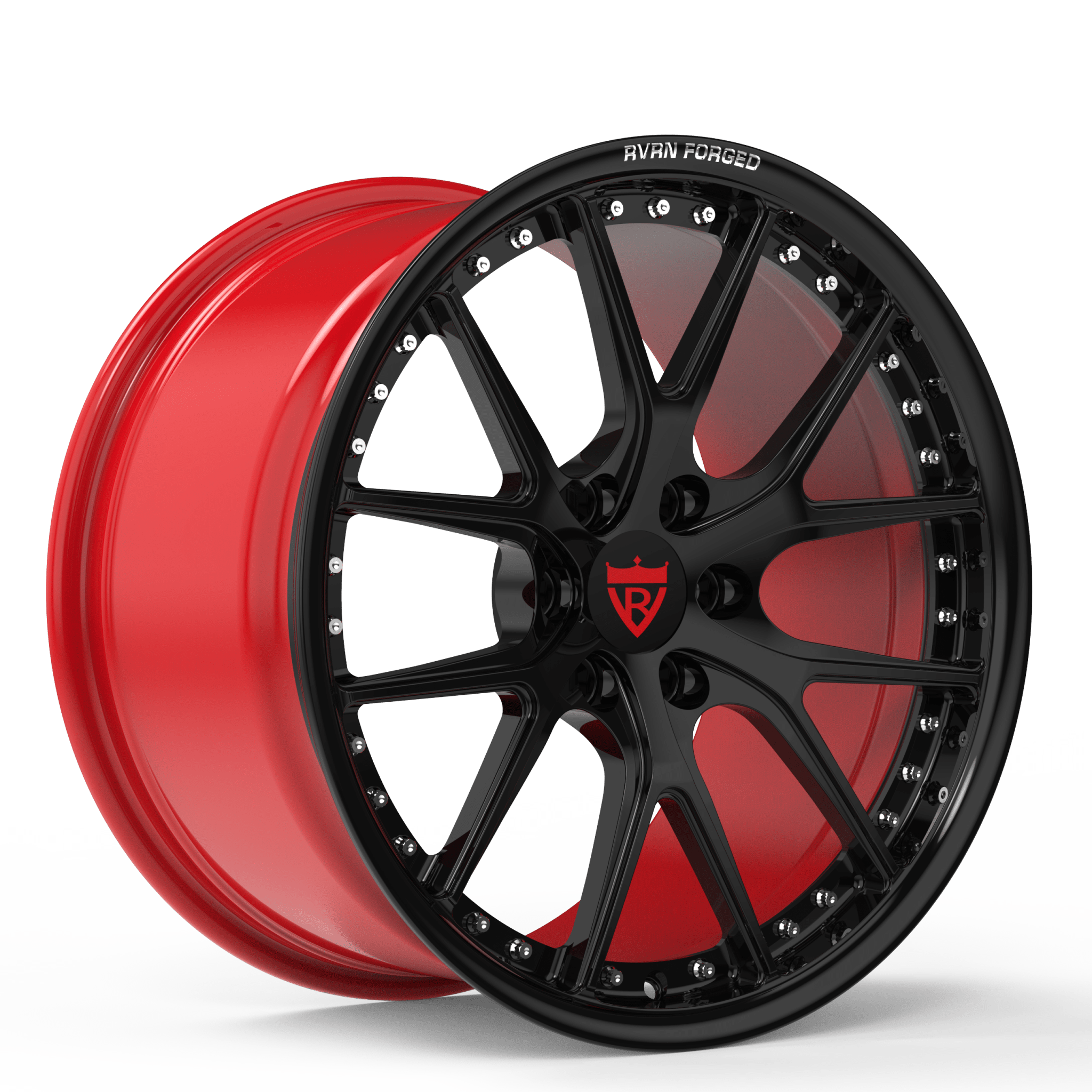 Custom forged monoblock wheel RV-MD03 for Dodge Viper, black and red, 6 lug pattern, performance rims, custom order