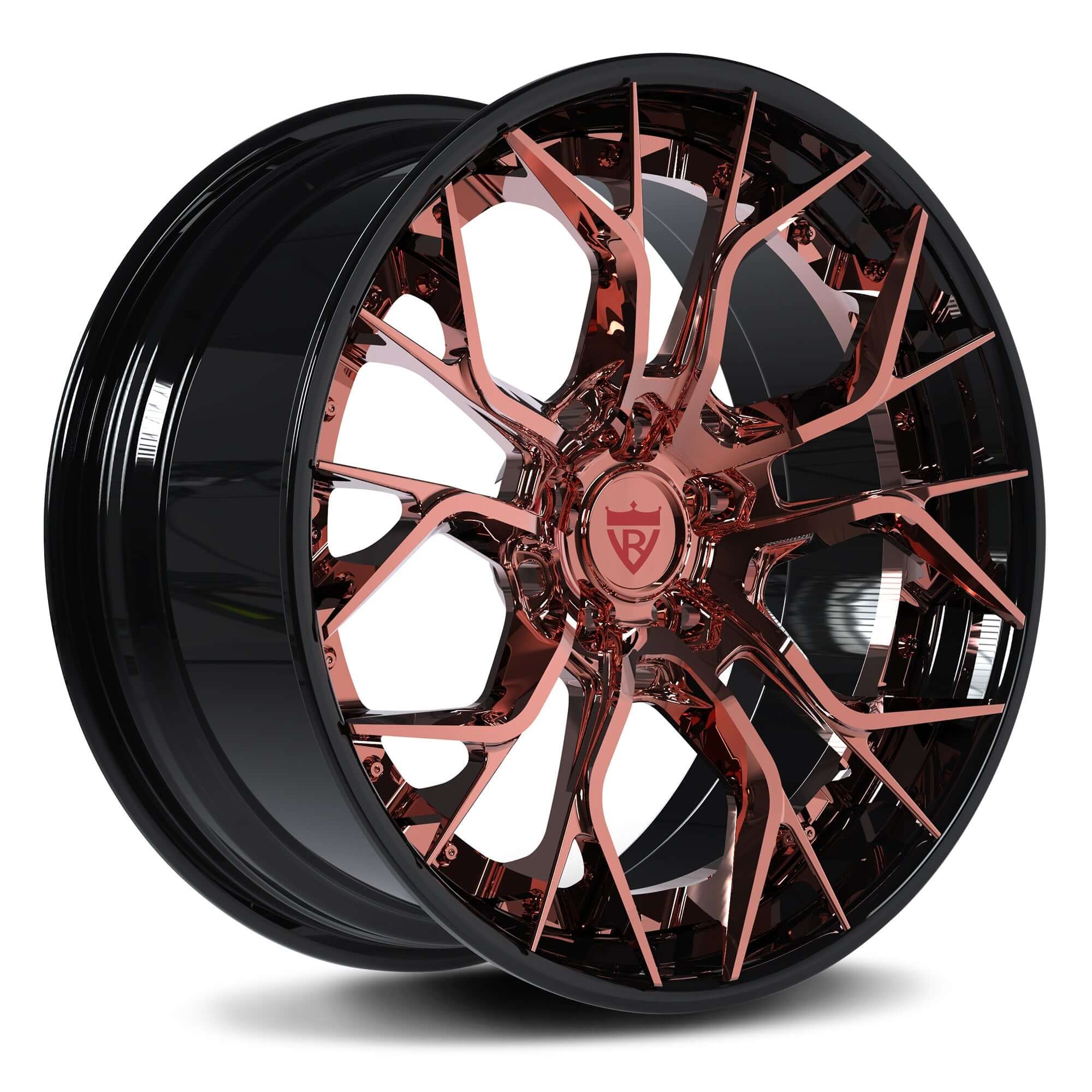 Custom 2-piece aggressive forged wheels RV-DR16 with rose gold accents for Corvette C8 and chrome Corvette rims.