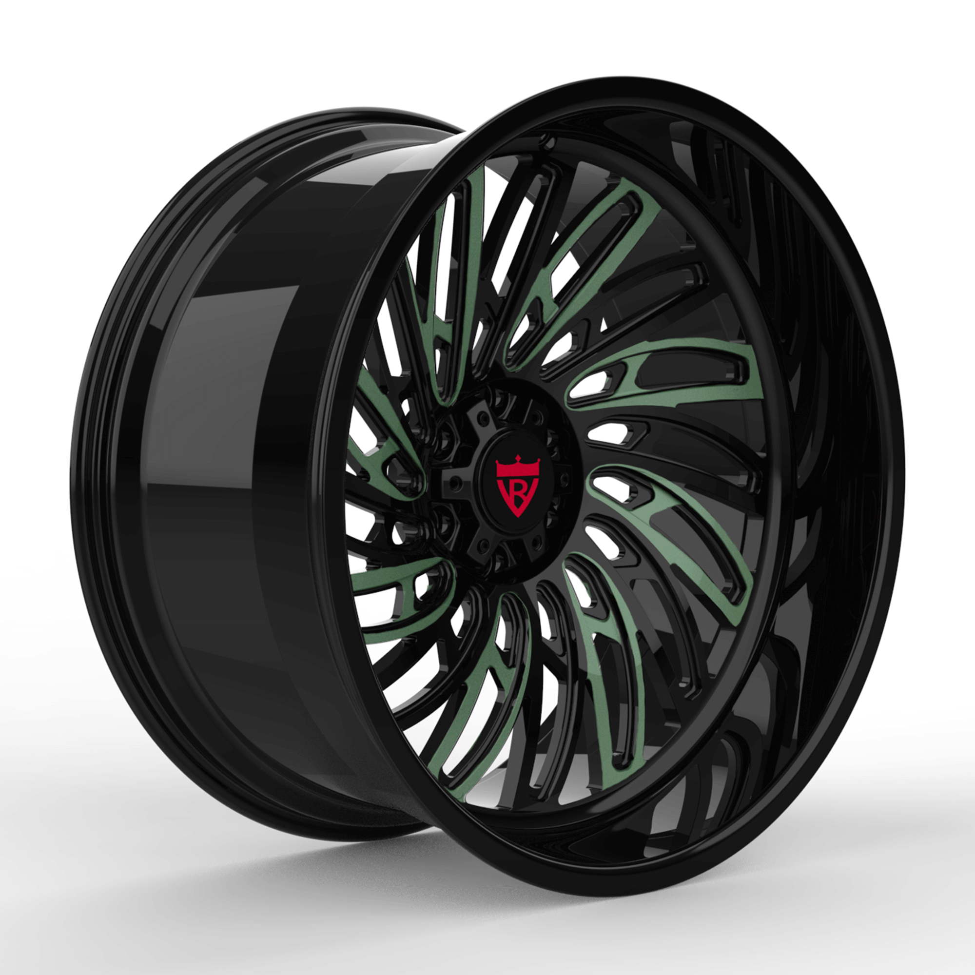 Custom forged monoblock deep dish wheel RV-M028 with unique black and green design for trucks and pickups.