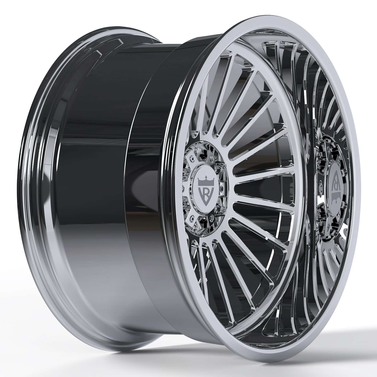 Custom black chrome deep dish forged wheel designed for trucks, featuring a sleek finish and intricate spoke pattern.