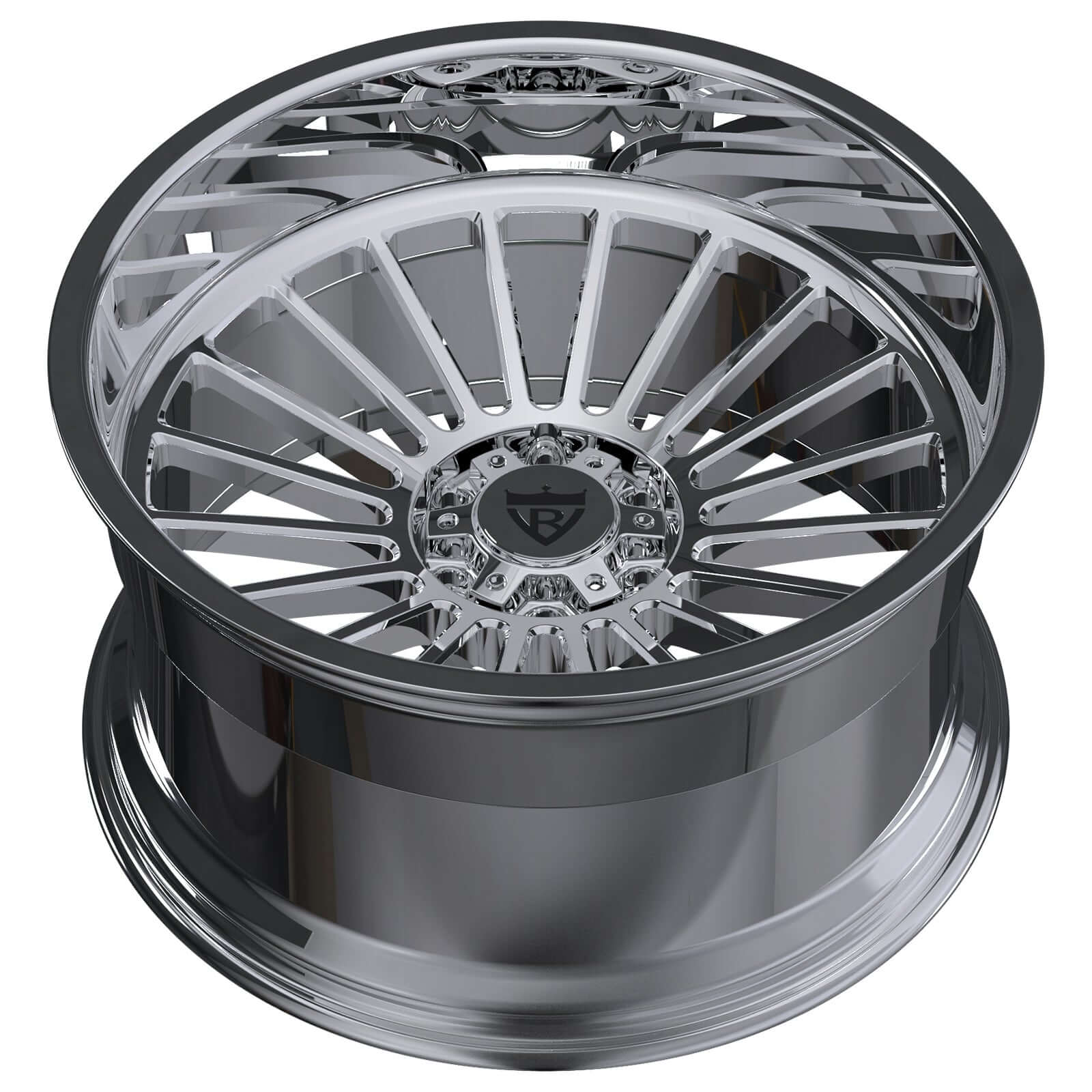 Custom 1 piece H-type forged chrome deep dish wheel for trucks and cars, showcasing a modern design and polished finish.