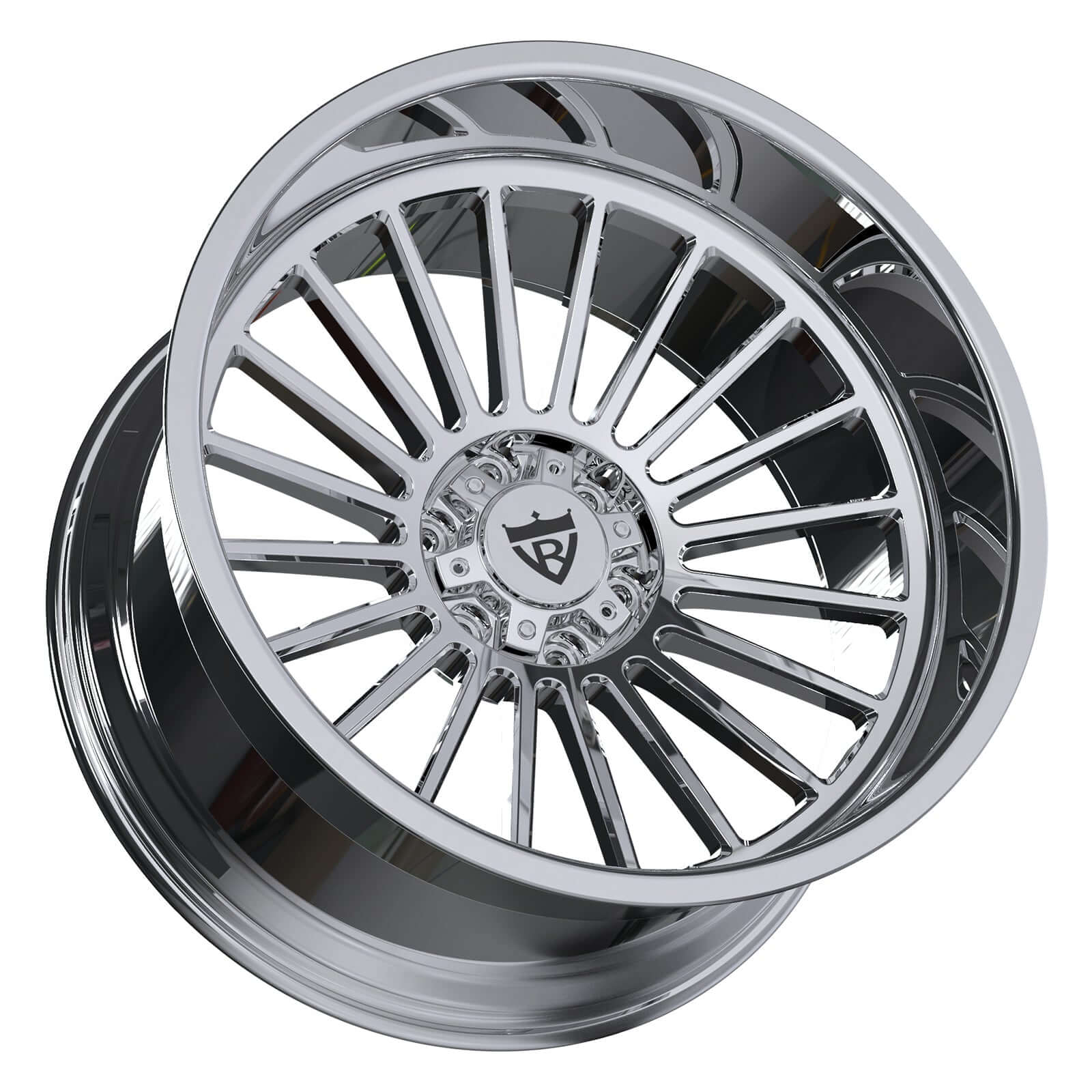Custom 1-piece H-type deep dish forged chrome wheel, perfect for trucks and luxury vehicles, showcasing intricate design and finish.