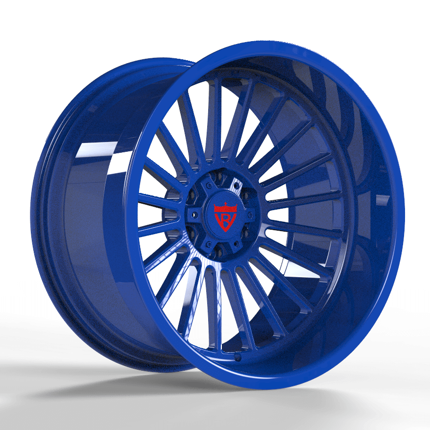 Custom blue 20-inch deep dish forged wheel with aggressive design for trucks and SUVs.