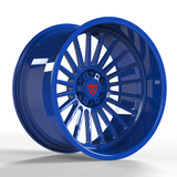 Custom blue 20-inch deep dish forged wheel with aggressive design for trucks and SUVs.