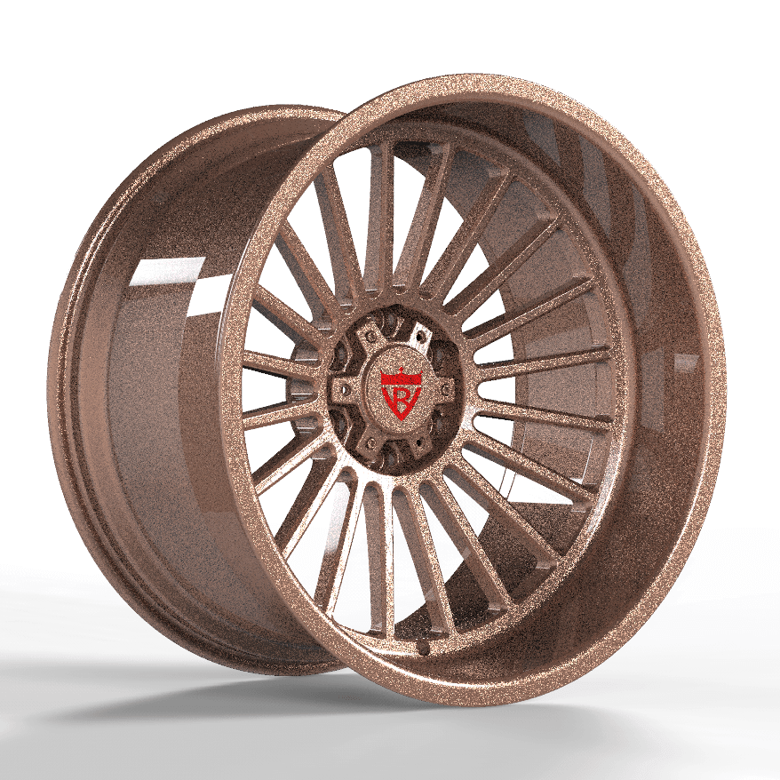 Custom forged deep dish aluminum rim with a unique bronze finish and intricate spoke design for trucks.