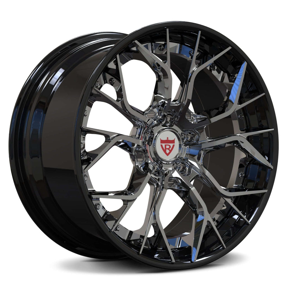 CUSTOM 2-PIECE AGGRESSIVE FORGED WHEELS RV-DR16 for Corvette C8, featuring chrome accents and a sleek design.