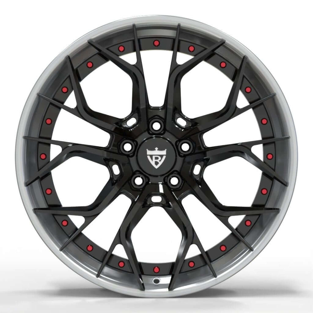 Custom 2-piece aggressive forged wheels RV-DR16, perfect for Corvette C8, featuring chrome accents and unique sporty design.