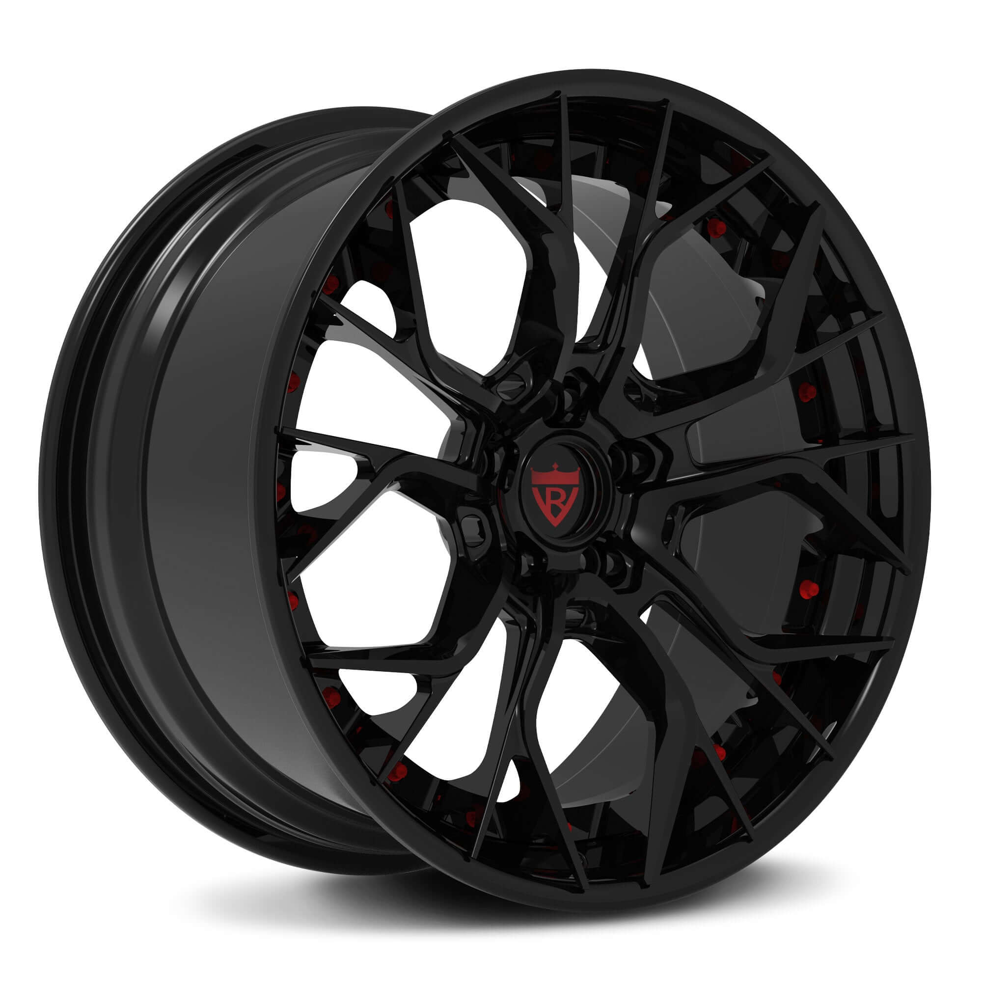 Custom 2-piece aggressive forged wheels, RV-DR16 for Corvette C8, featuring sleek black finish and bold design.