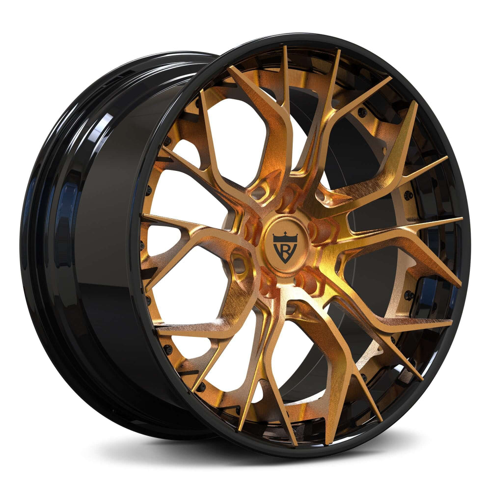 Custom aggressive forged wheels for Corvette, featuring a unique gold and black design, ideal for enhancing performance and style.