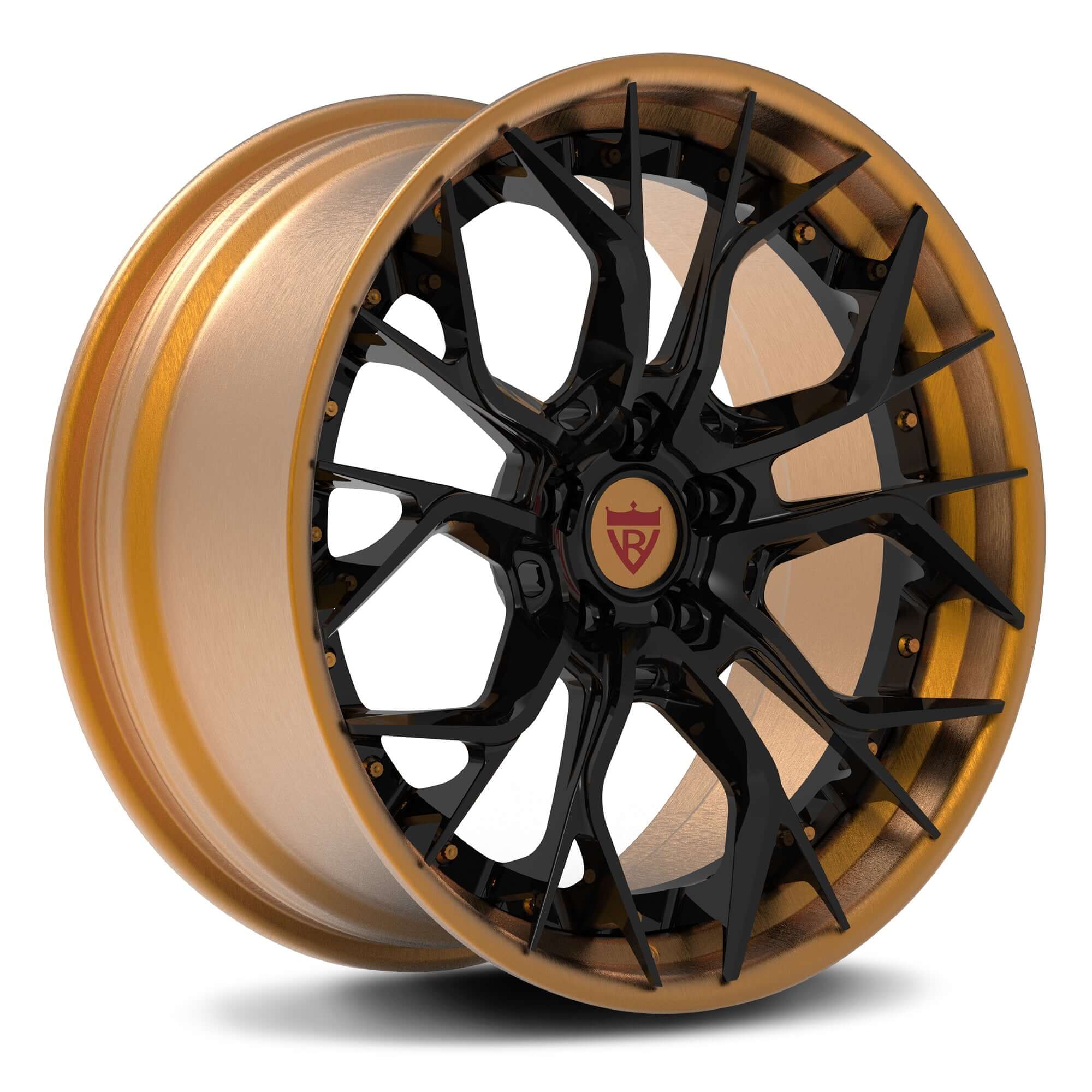 Custom 2-piece aggressive forged wheels RV-DR16, ideal for Corvette C8 with black and gold finish.