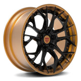 Custom 2-piece aggressive forged wheels RV-DR16, ideal for Corvette C8 with black and gold finish.