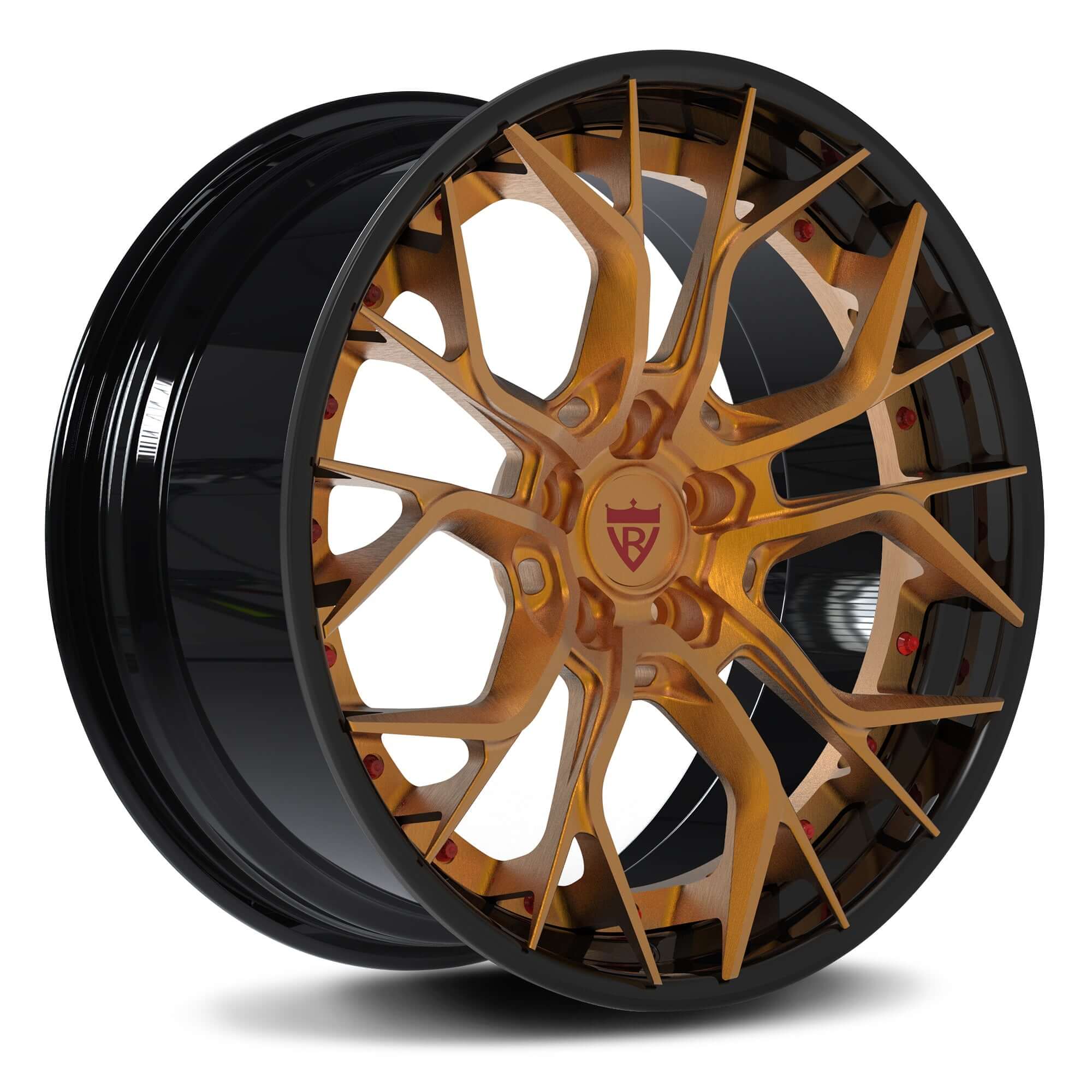 Custom 2-piece aggressive forged wheels RV-DR16, perfect for Corvette C8, featuring a striking gold and black design.