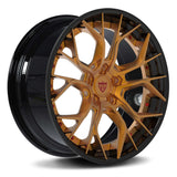 Custom 2-piece aggressive forged wheels RV-DR16, perfect for Corvette C8, featuring a striking gold and black design.