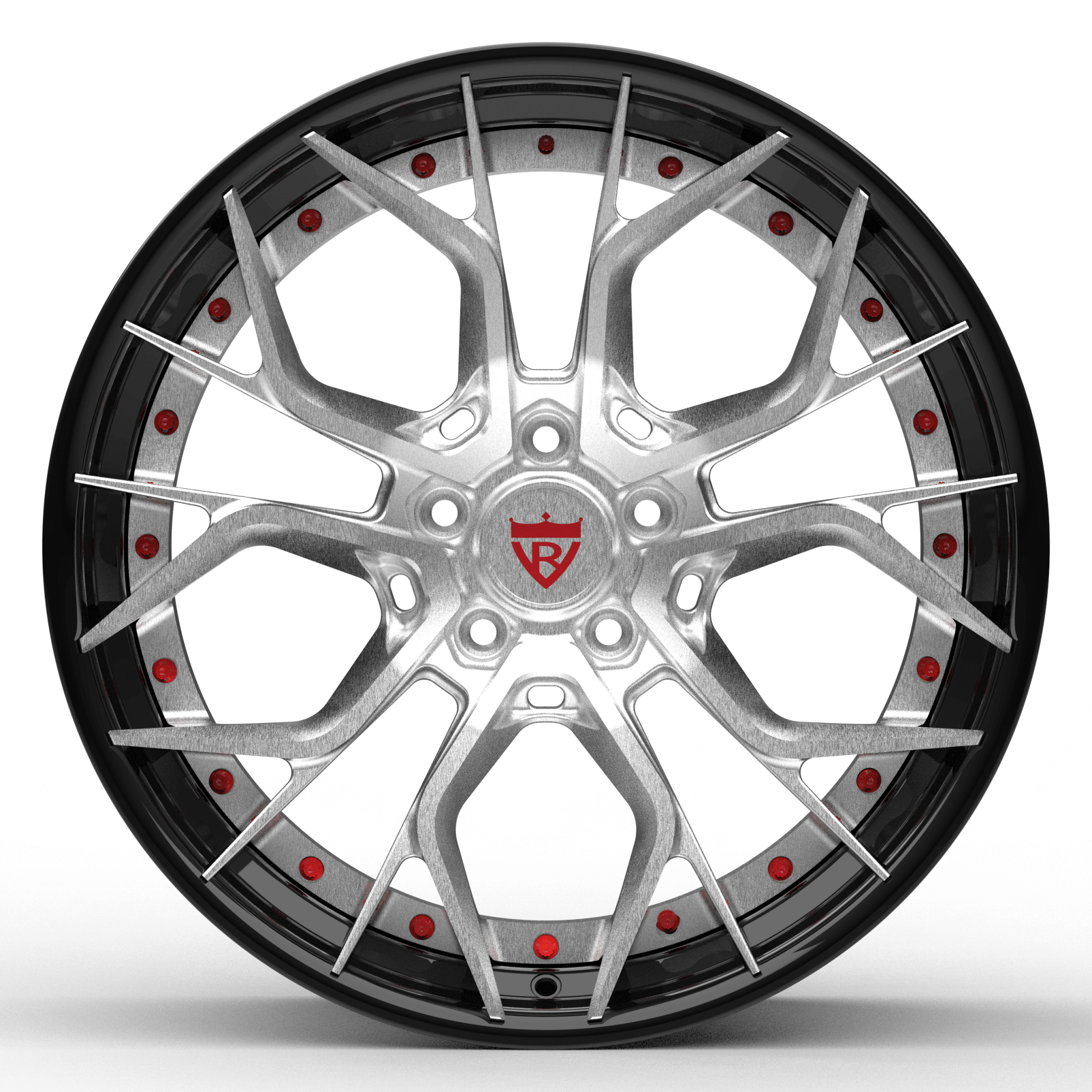 Custom 2-piece aggressive forged wheels RV-DR16, chrome rims for Corvette C8, featuring red accents and a sleek design.