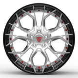 Custom 2-piece aggressive forged wheels RV-DR16, chrome rims for Corvette C8, featuring red accents and a sleek design.