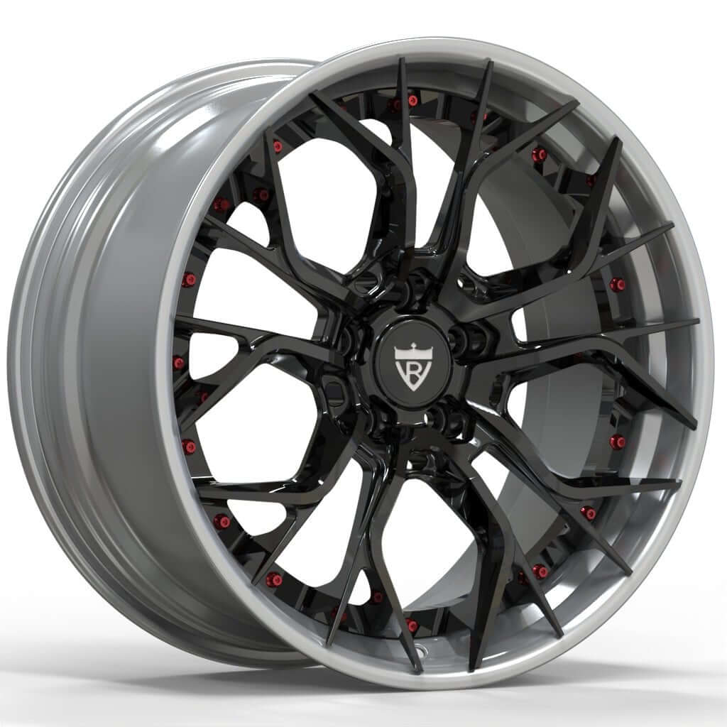 Custom 2-piece aggressive forged wheels RV-DR16 for Corvette C8, featuring sleek black design and chrome accents.