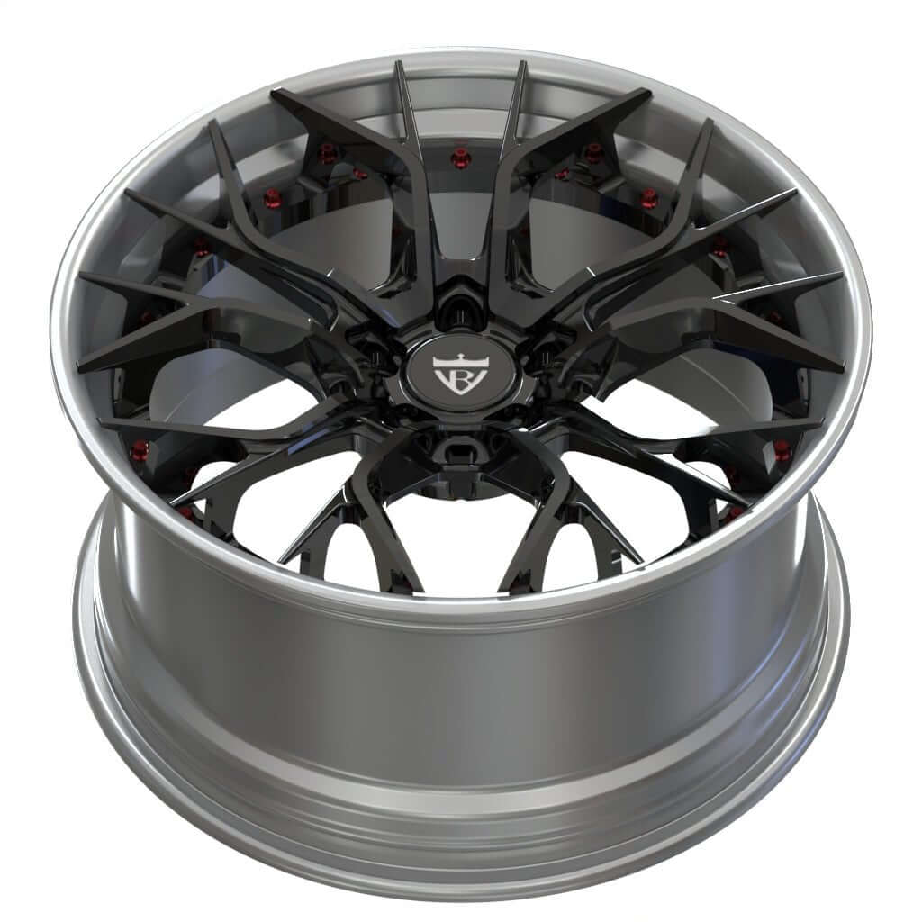 Custom 2-piece aggressive forged wheels RV-DR16 in chrome and black, perfect for Corvette C8 with chrome finish.