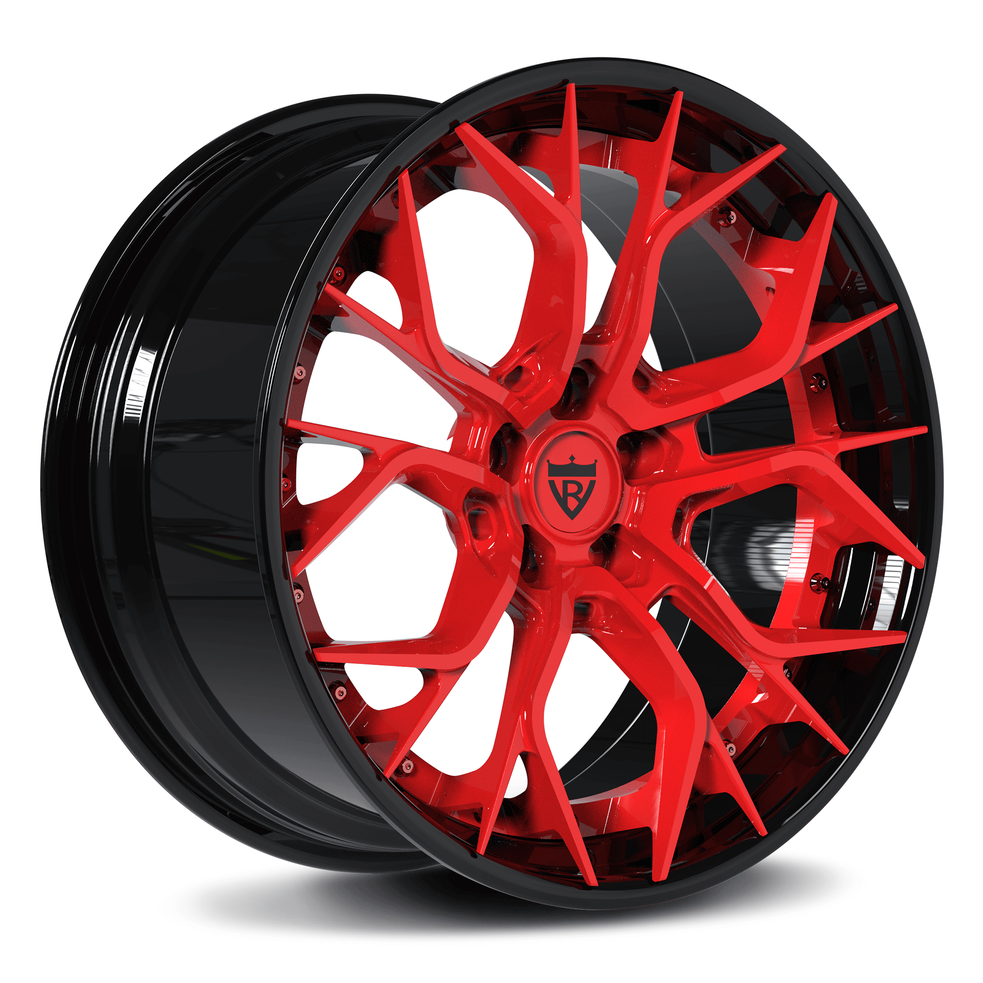 CUSTOM 2-PIECE AGGRESSIVE FORGED WHEELS RV-DR16 with bold red accents, perfect for Corvette C8 and custom chrome rims.