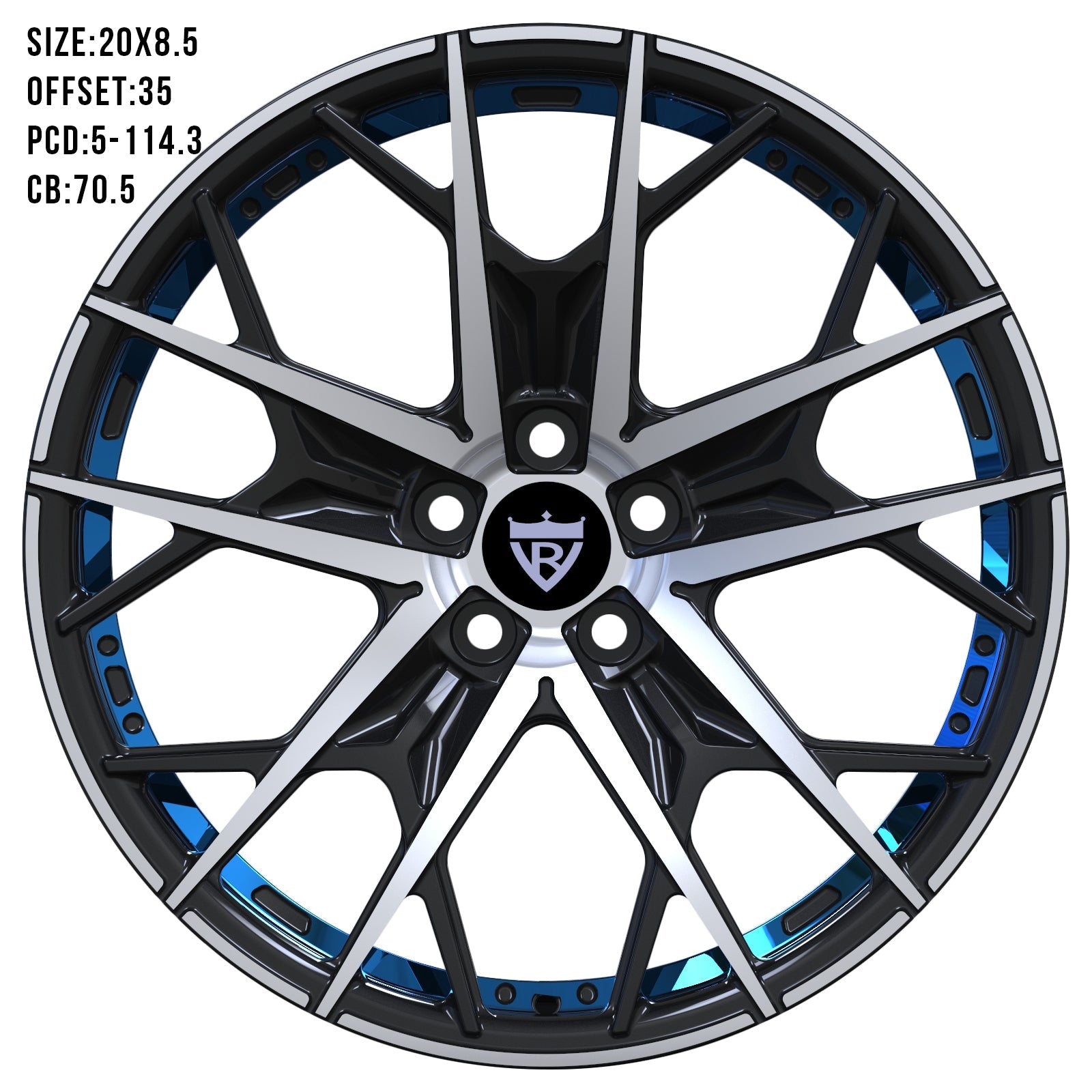 20x8.5 forged wheel with blue accents, ideal for custom builds and fitting various vehicle brands.