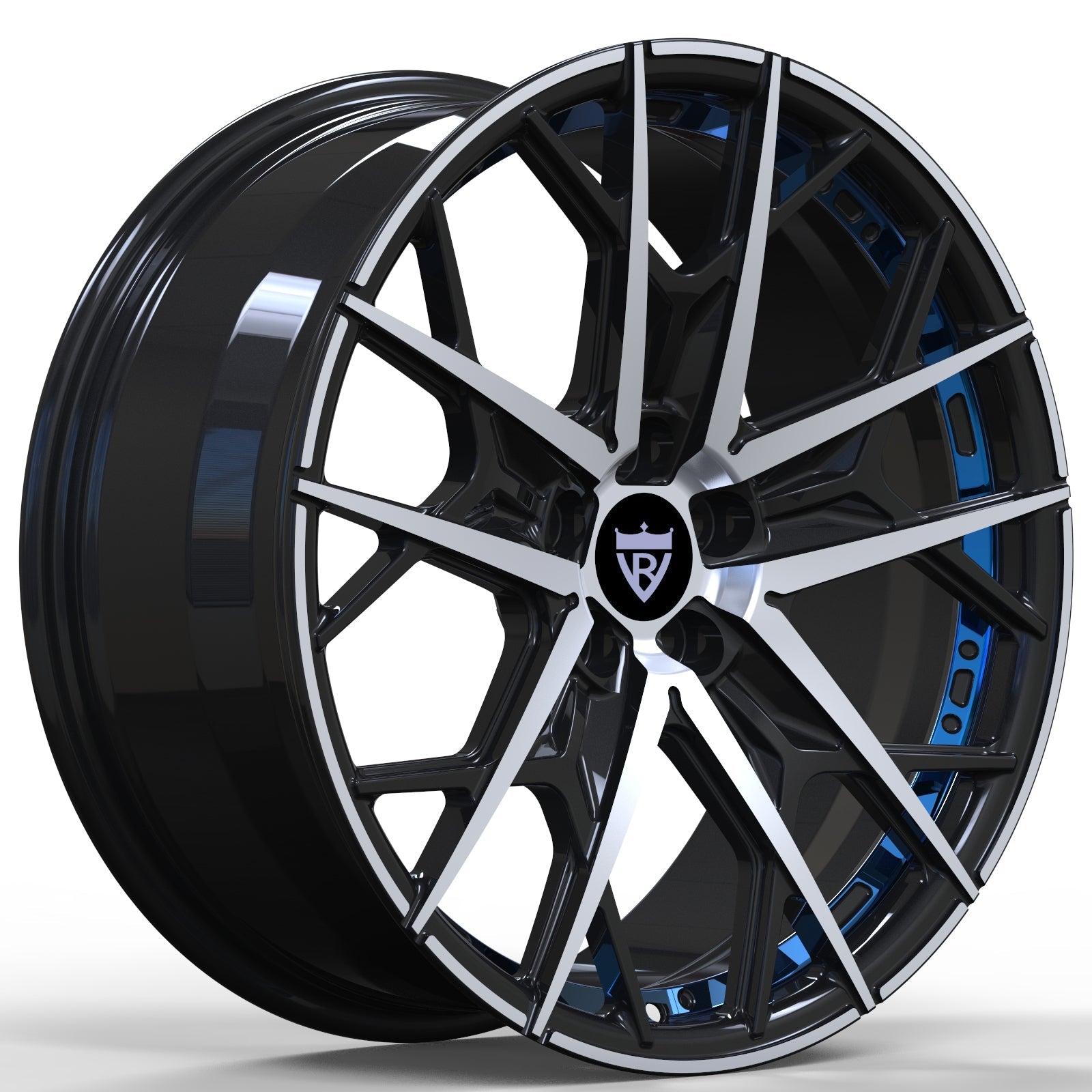 Custom forged black and blue 18-inch wheel displaying intricate design for vehicles like Mercedes-Benz and BMW.