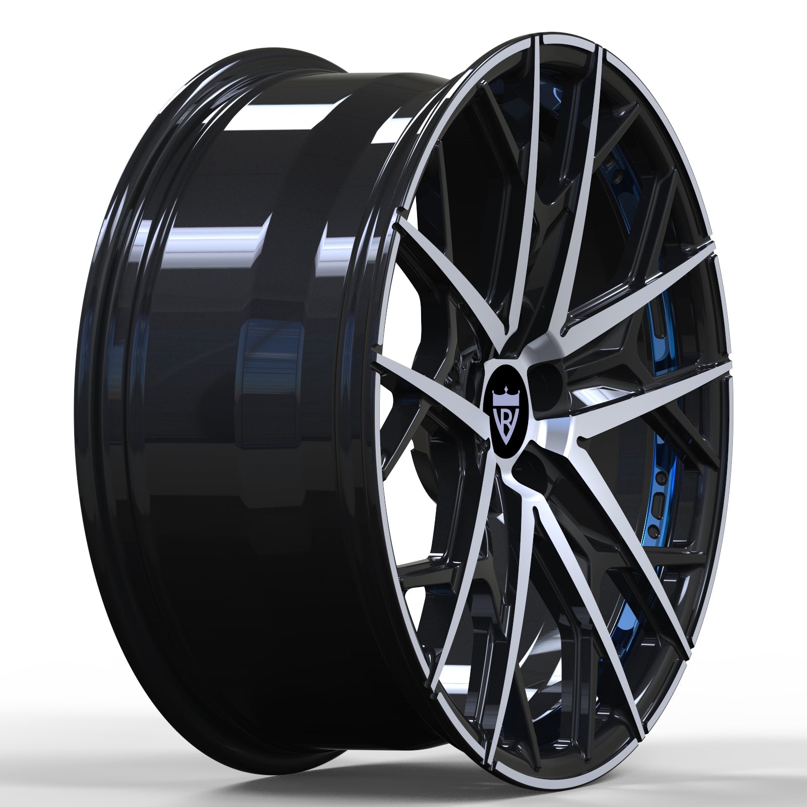 Custom forged 1 piece wheel in black with silver accents, suitable for various luxury vehicles.