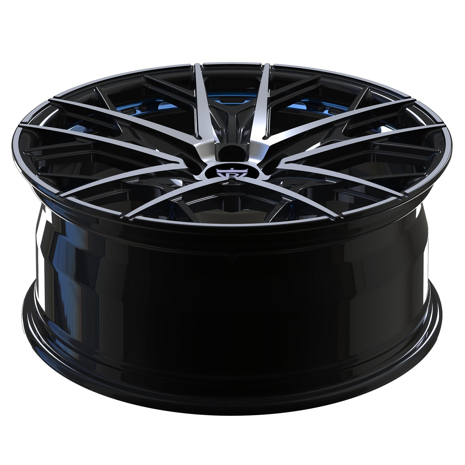 Custom 1 piece forged wheel in black with blue accents, designed for high-performance vehicles.