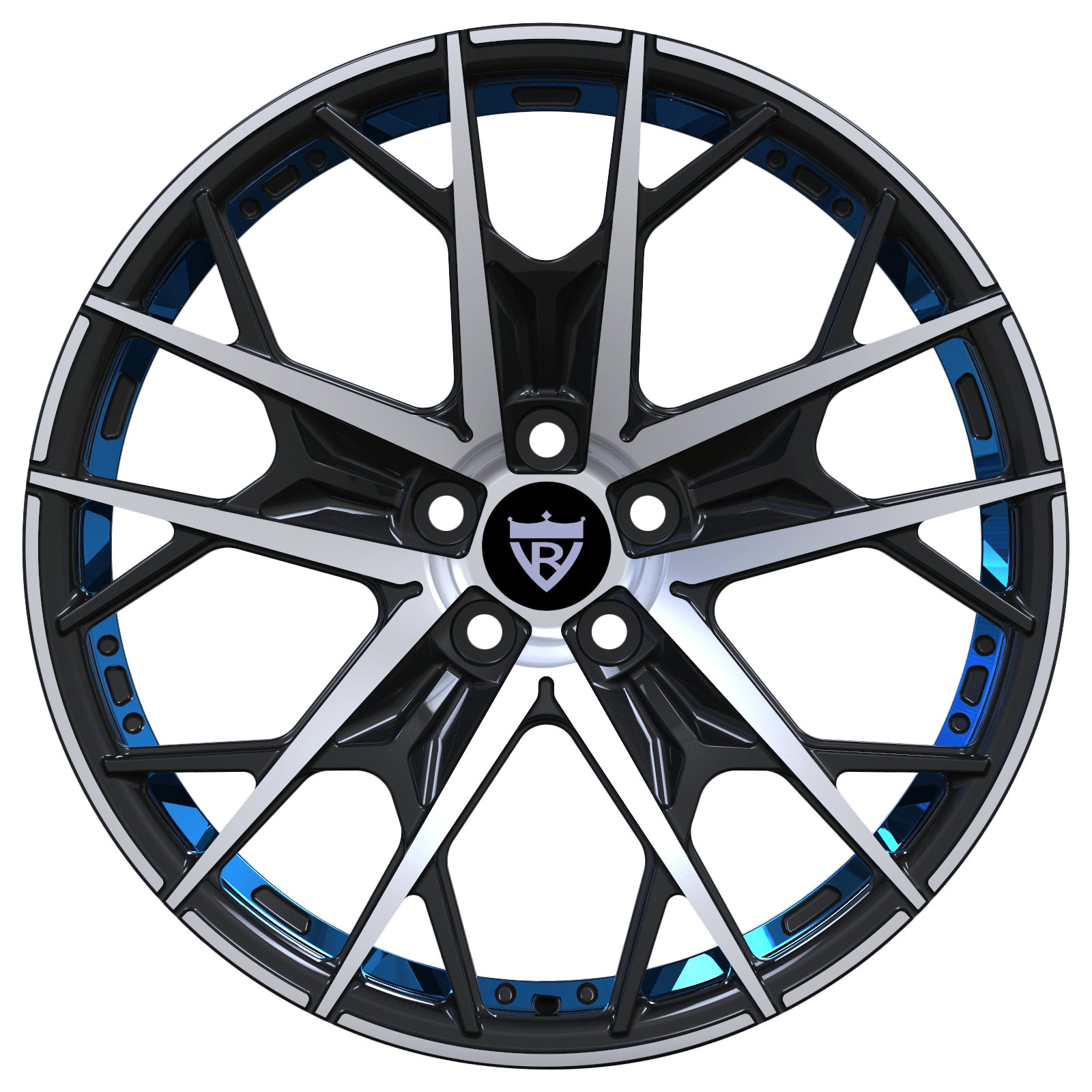 Custom forged 18-inch wheel design featuring black and blue finish, perfect for sport and luxury vehicles.