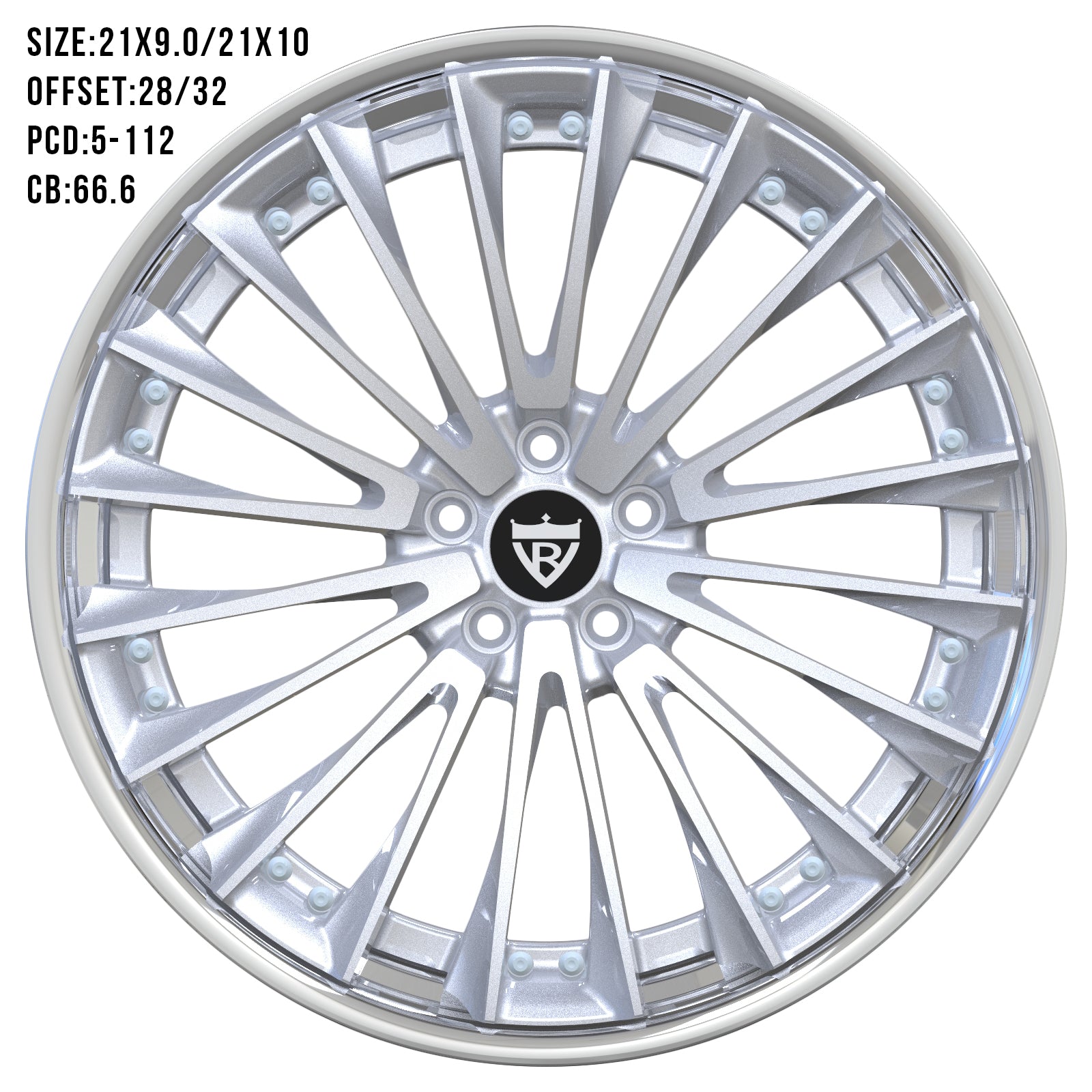 Custom 2-piece forged wheel, size 21x9/21x10, featuring a sleek design and compatible with various vehicle brands.