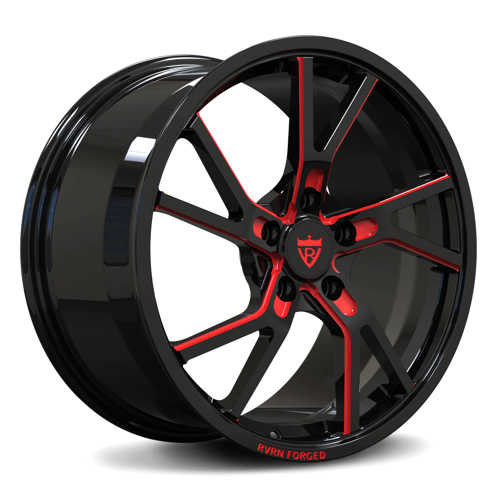 Custom RV-MR12 forged wheel in red and black finish, ideal for C6 Corvette aftermarket wheels.