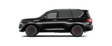 Side view of a black SUV with distinctive red rims, showcasing a sleek and modern design.