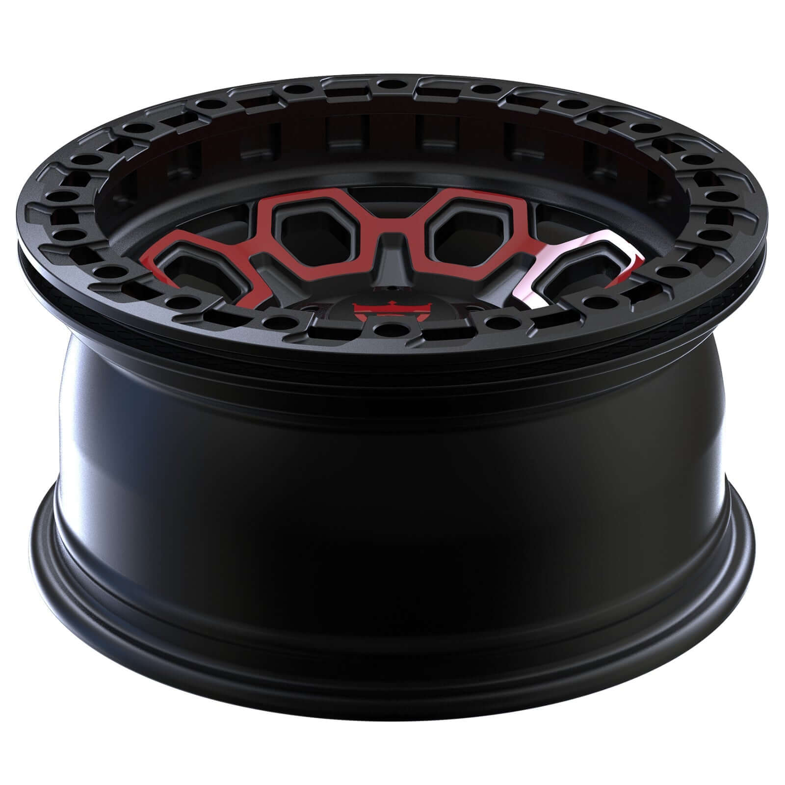 Custom forged wheel with black finish and red accents, suitable for various truck models including Ford F150.