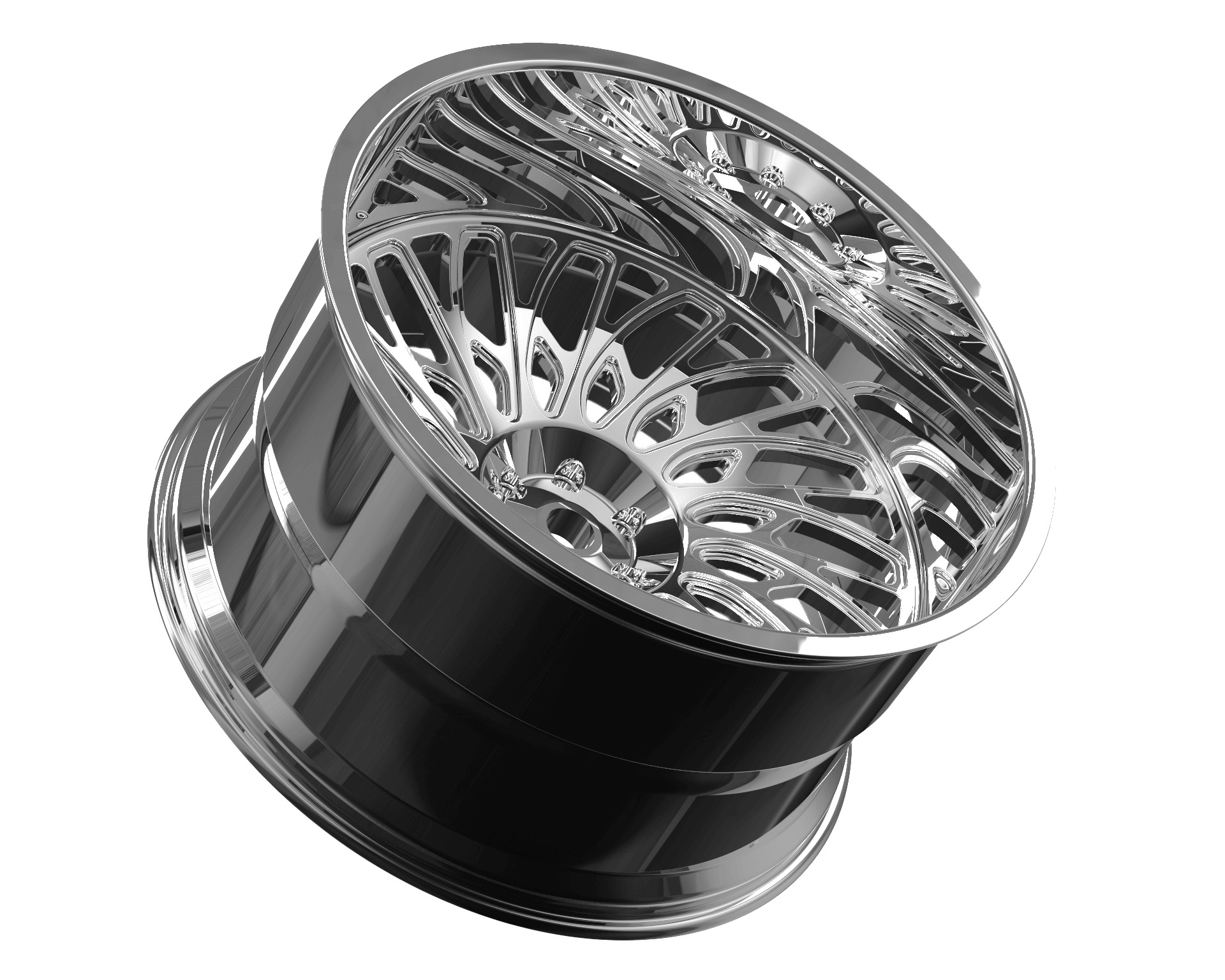 Chrome custom forged monoblock deep dish wheel, ideal for trucks and pickups, featuring intricate design for a sleek look.