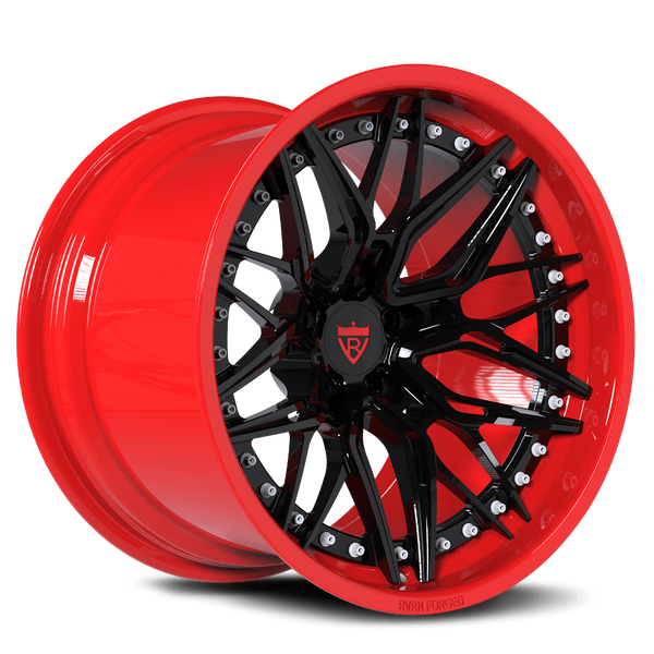 RVRN RV-C081 custom forged deep dish wheels in black and red for Dodge Challenger style performance builds with aggressive staggered fitment